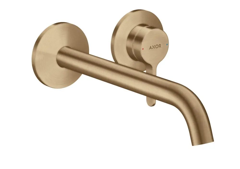 Wandmontierter Einhebel-Waschtischmischer in Brushed Bronze von AXOR mit runder Wandplatte und einem langen Auslauf. Der Hebelgriff befindet sich seitlich.